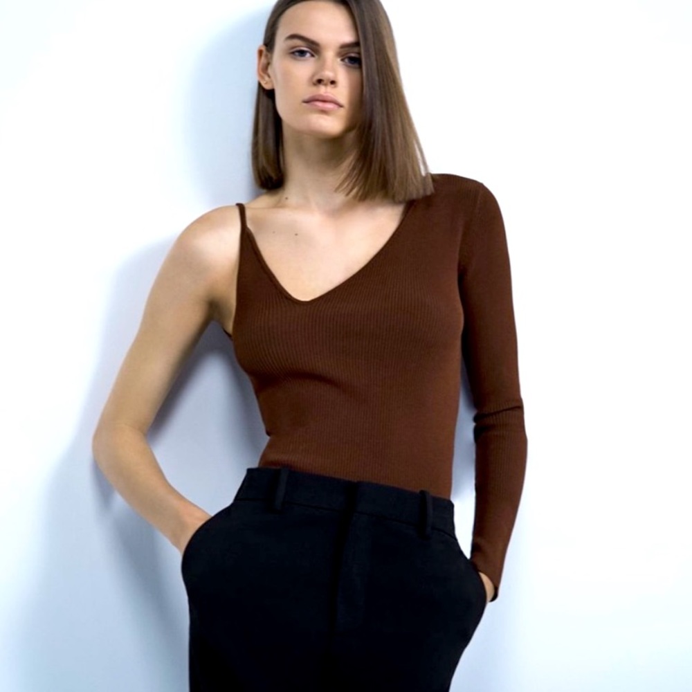 Asymmetric One-Shoulder Rib Knit Top - Brown
